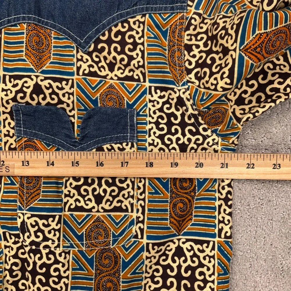 Unity Shirt Mens Small Blue Orange Western Snap Tribal Wax Print Geometric Denim